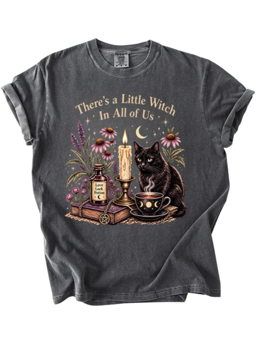 Comfort Colors Pepper Cat Witch Graphic Tee - Comfort Colors Charcoal Black